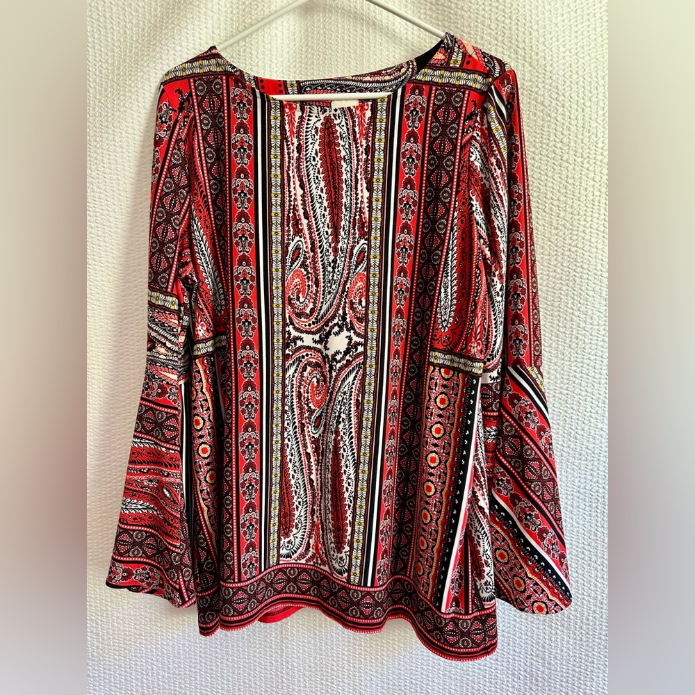 CHICO’S Red Black White Paisley Bell Sleeve Boho Tunic Blouse Top Size 2 Large